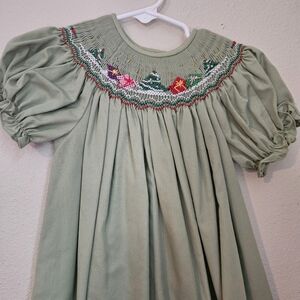 Embroidered Christmas Green Kids Dress